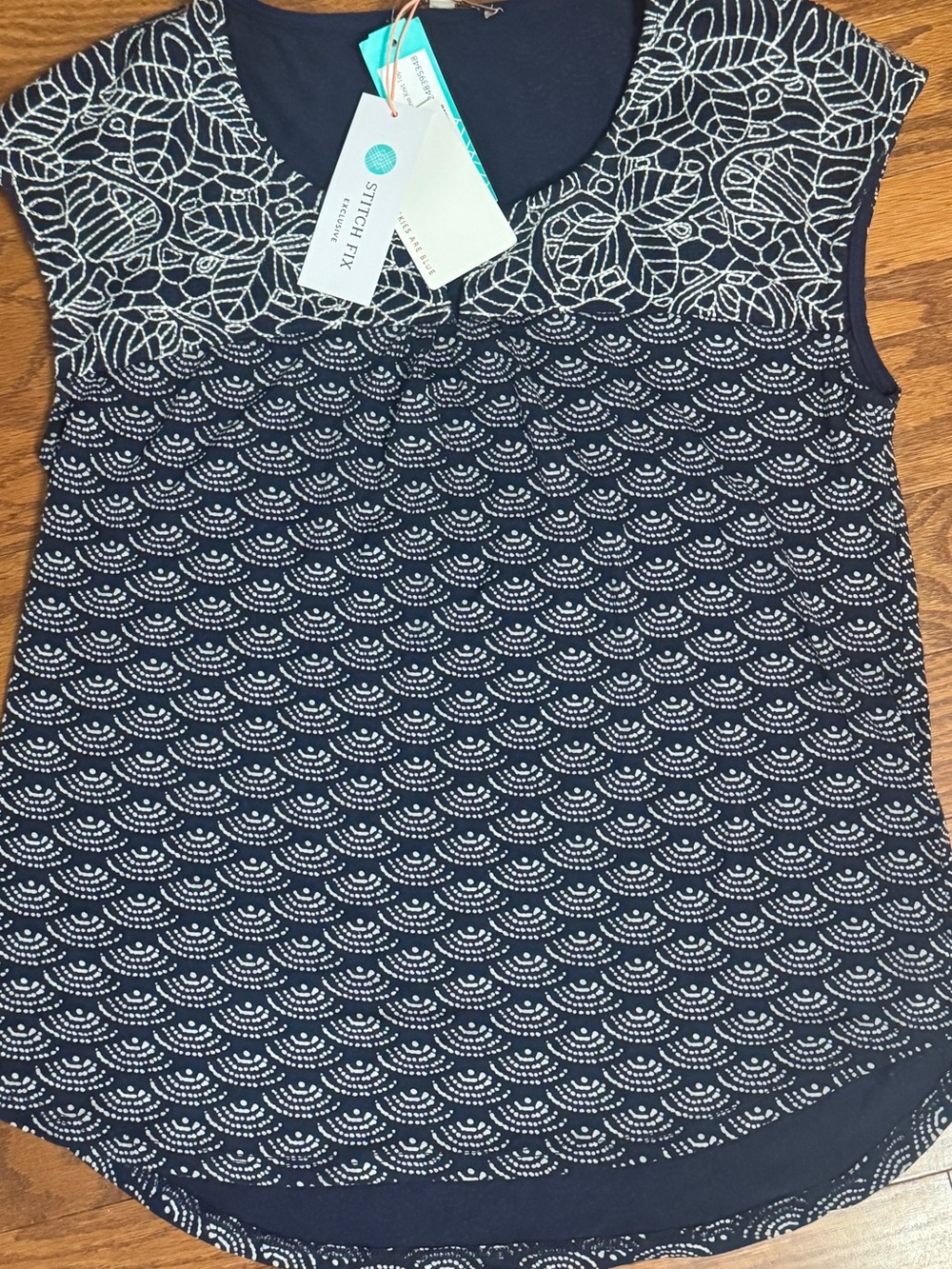 Skies Are Blue Navy and White Cap Sleeve Lace Yoke Blouse